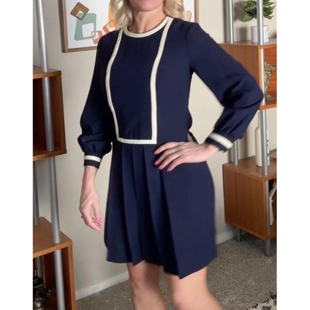 Vintage Parc Jrs Petite Navy Blue Mod Mini Dress Cream Trim Bishop Sleeve 60s